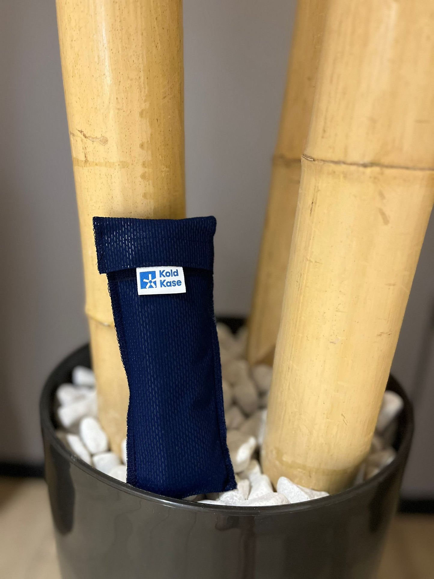 nevera porta insulina de 1 pluma azul dentro de una maceta con palos de bambú
